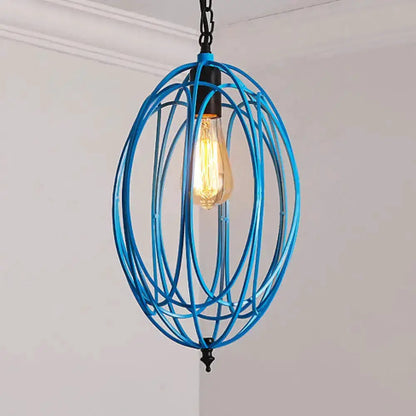 Industrial blue oval cage pendant light with exposed Edison bulb for restaurants on Tampa Home & Garden Store