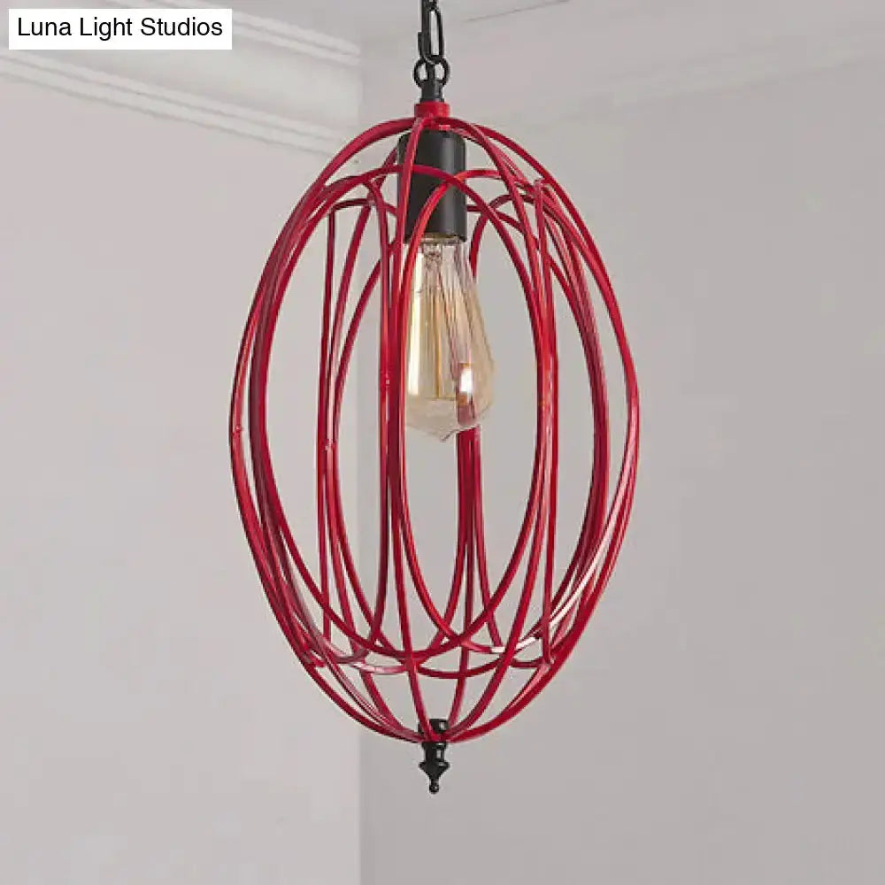 Industrial red oval cage pendant light with exposed bulb for restaurants on Tampa Home & Garden Store