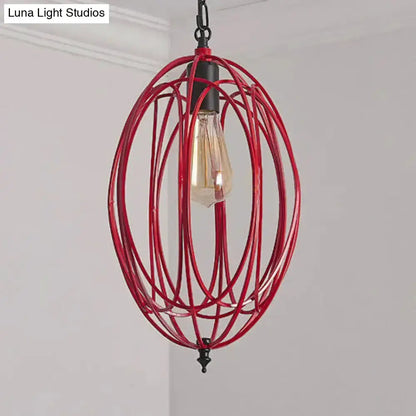 Industrial red oval cage pendant light with exposed bulb for restaurants on Tampa Home & Garden Store