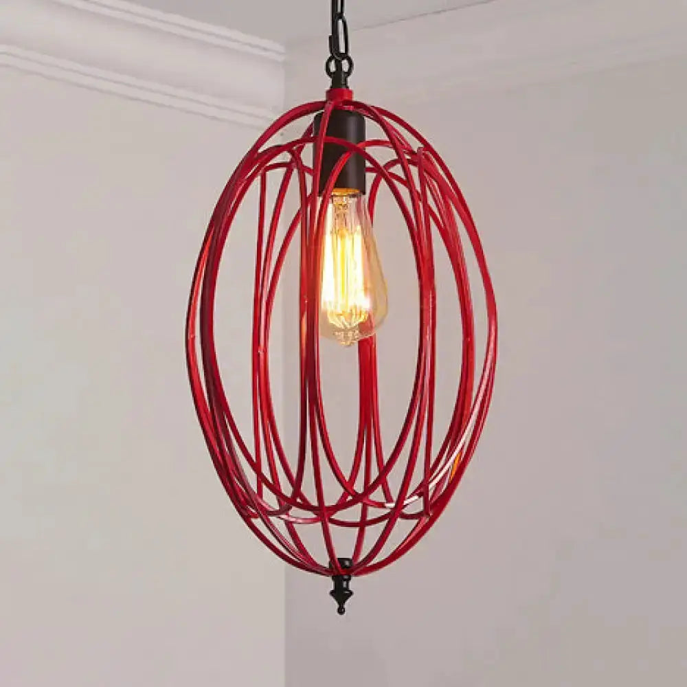 Industrial red metal oval cage pendant light with an exposed Edison bulb on Tampa Home & Garden Store