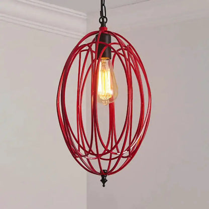 Industrial red metal oval cage pendant light with an exposed Edison bulb on Tampa Home & Garden Store