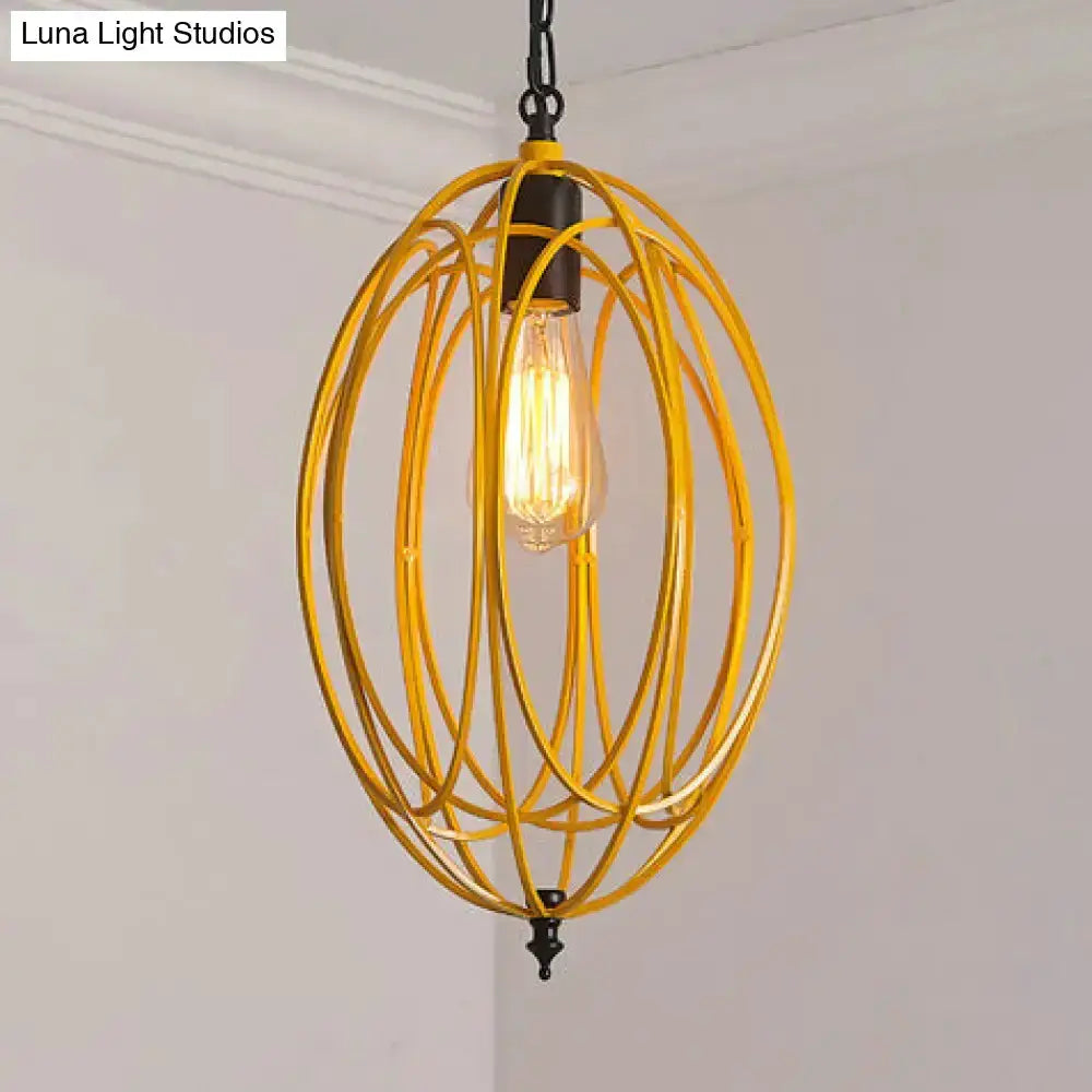 Industrial gray & red oval cage pendant light for restaurants, yellow metal cage by Decorbites on Tampa Home & Garden Store