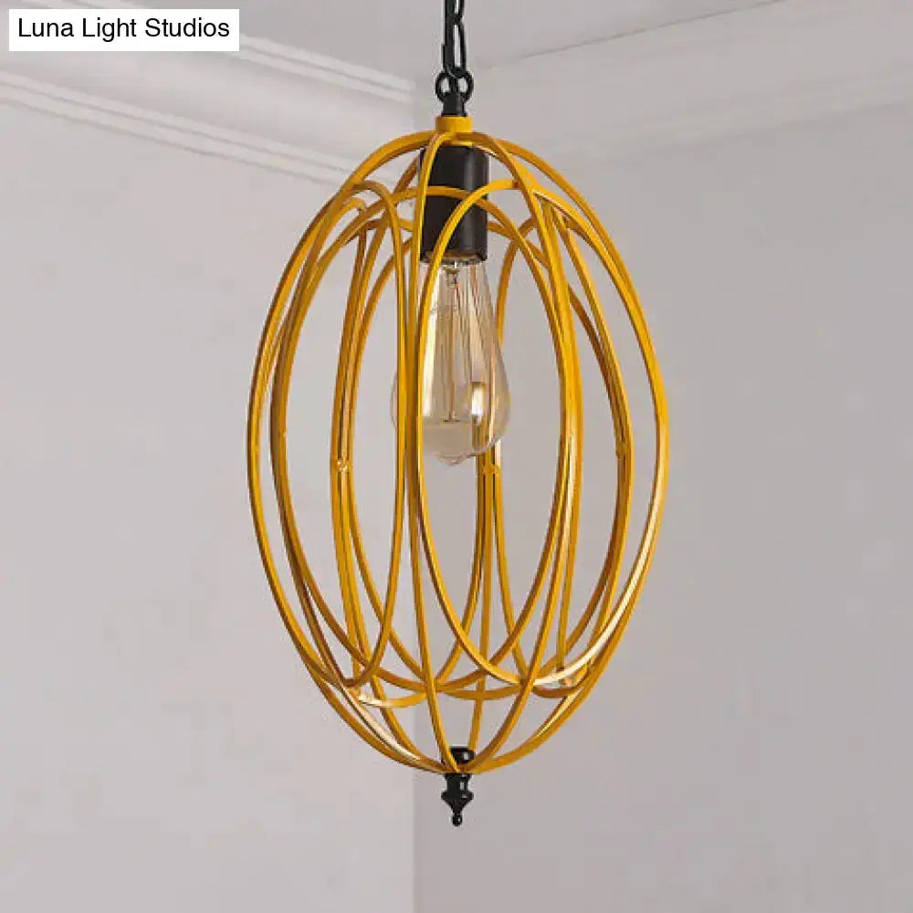 Decorbites oval cage pendant light, yellow metal with exposed bulb, restaurant style on Tampa Home & Garden Store