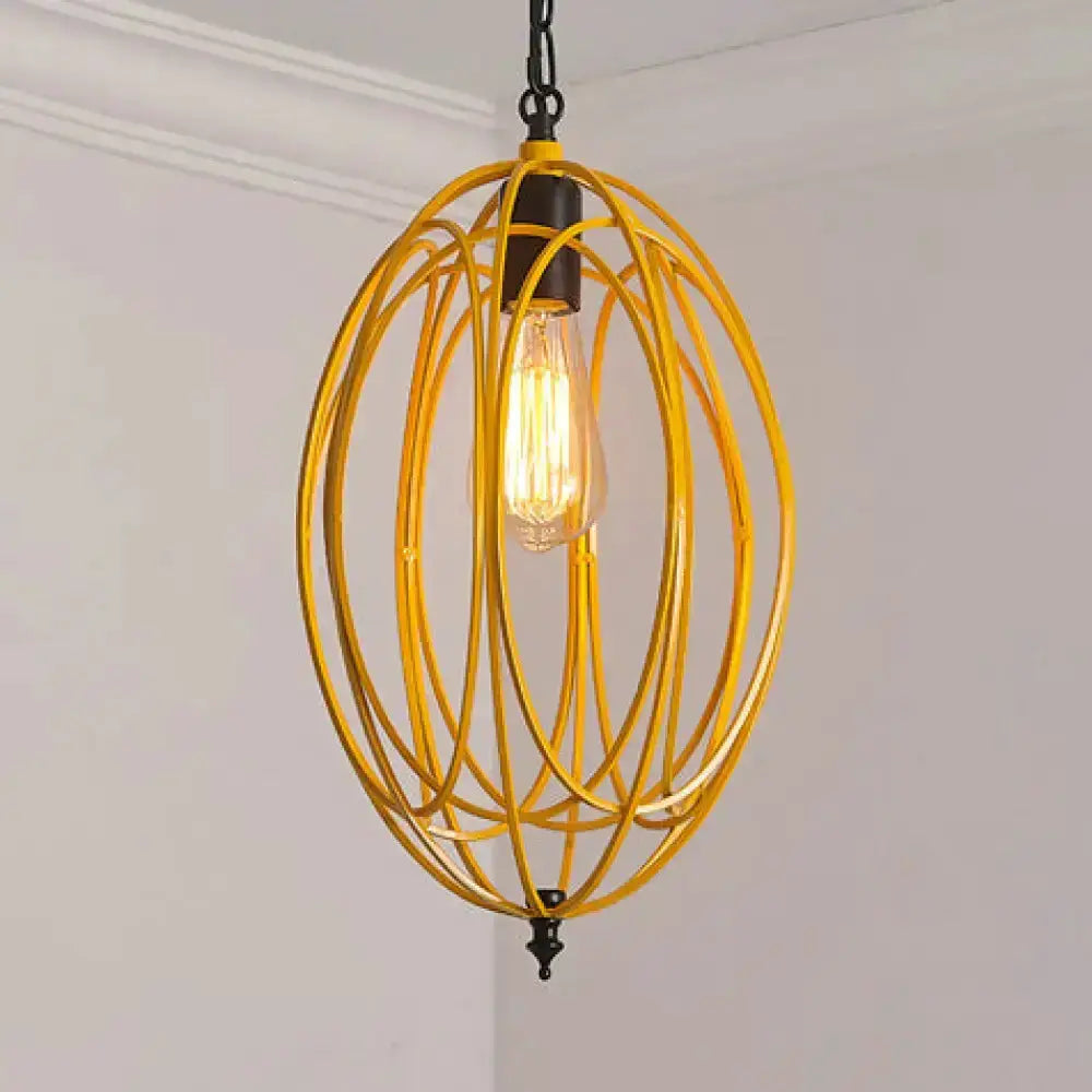 Decorbites oval cage pendant light with yellow metal rings and exposed Edison bulb on Tampa Home & Garden Store