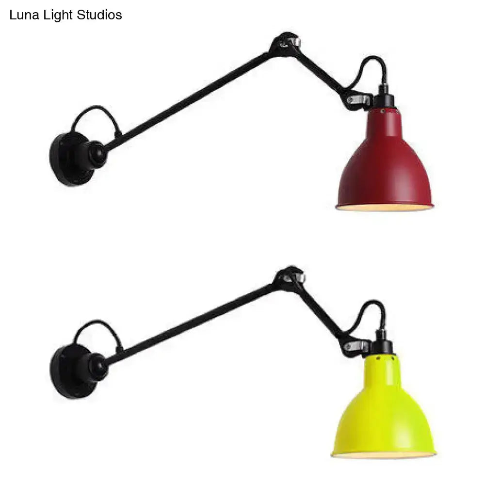 Industrial wall lamp pair by Decorbites with lime green & red shades, black metal arms sconces on Tampa Home & Garden Store