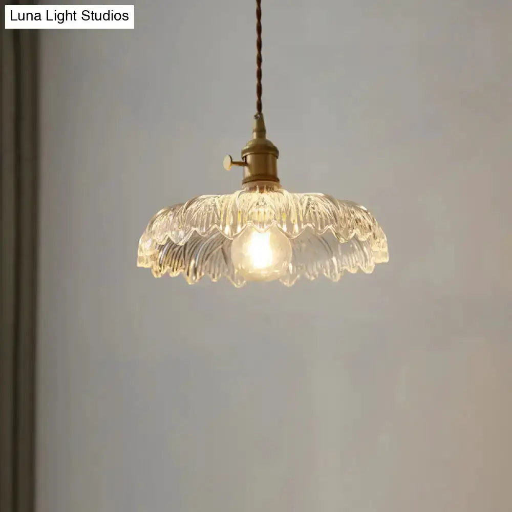 Industrial scalloped edge clear glass pendant light with brass hardware for dining room on Tampa Home & Garden Store