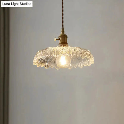 Industrial scalloped edge clear glass pendant light with brass hardware for dining room on Tampa Home & Garden Store