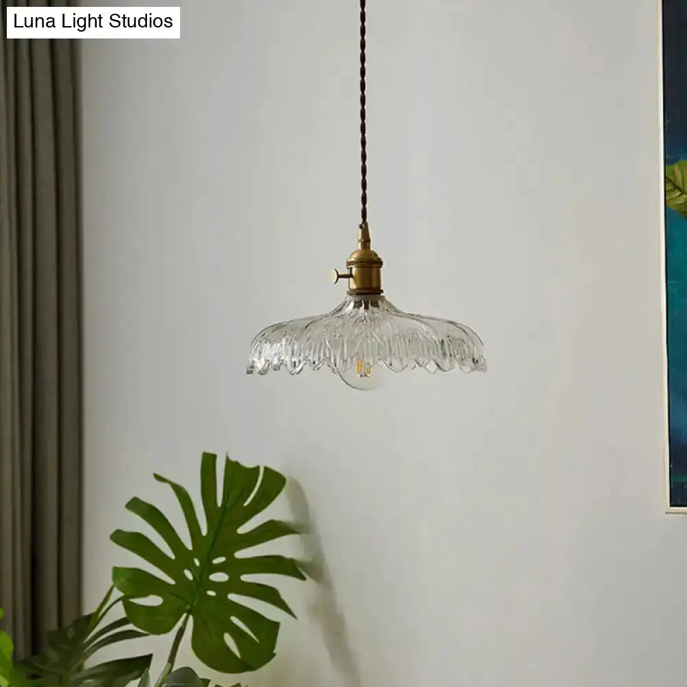 Industrial scalloped clear glass pendant light with brown cord brass hardware Decorbites on Tampa Home & Garden Store