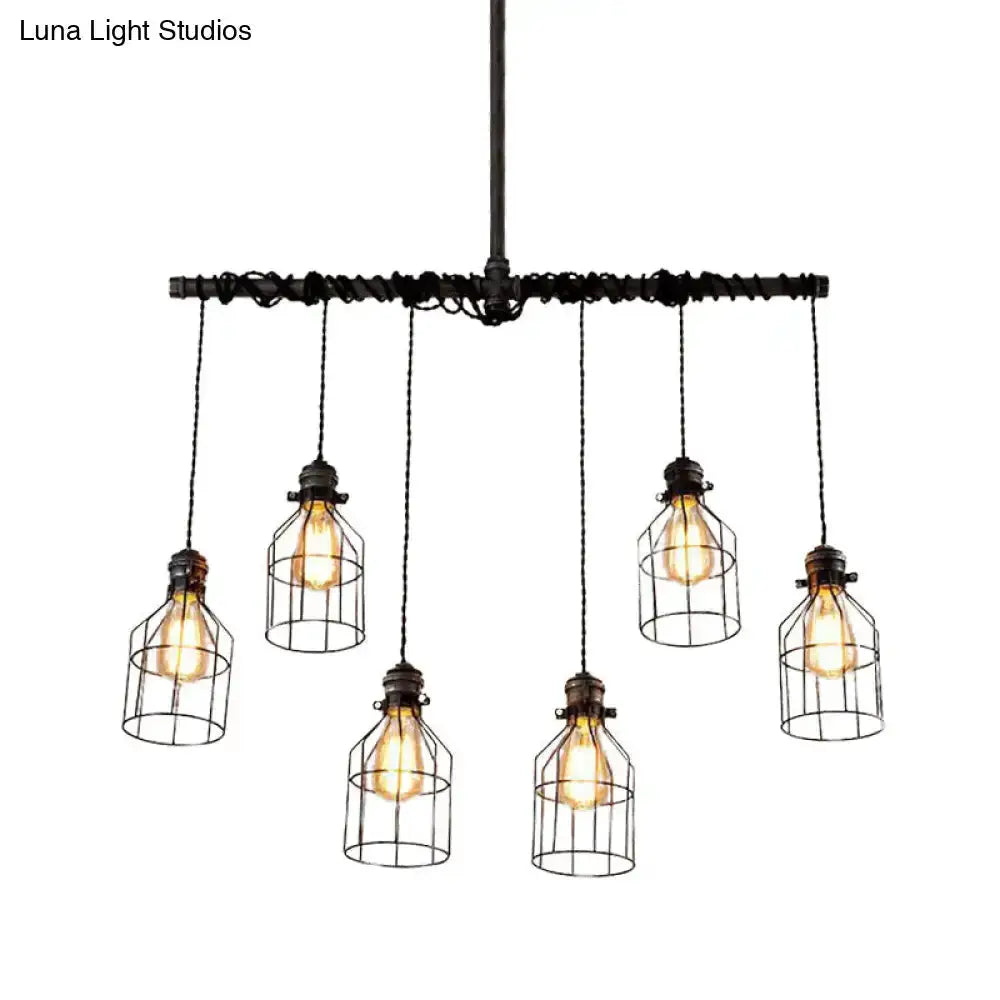 Industrial cage aged silver chandelier dining room pendant light with six hanging bulbs on Tampa Home & Garden Store