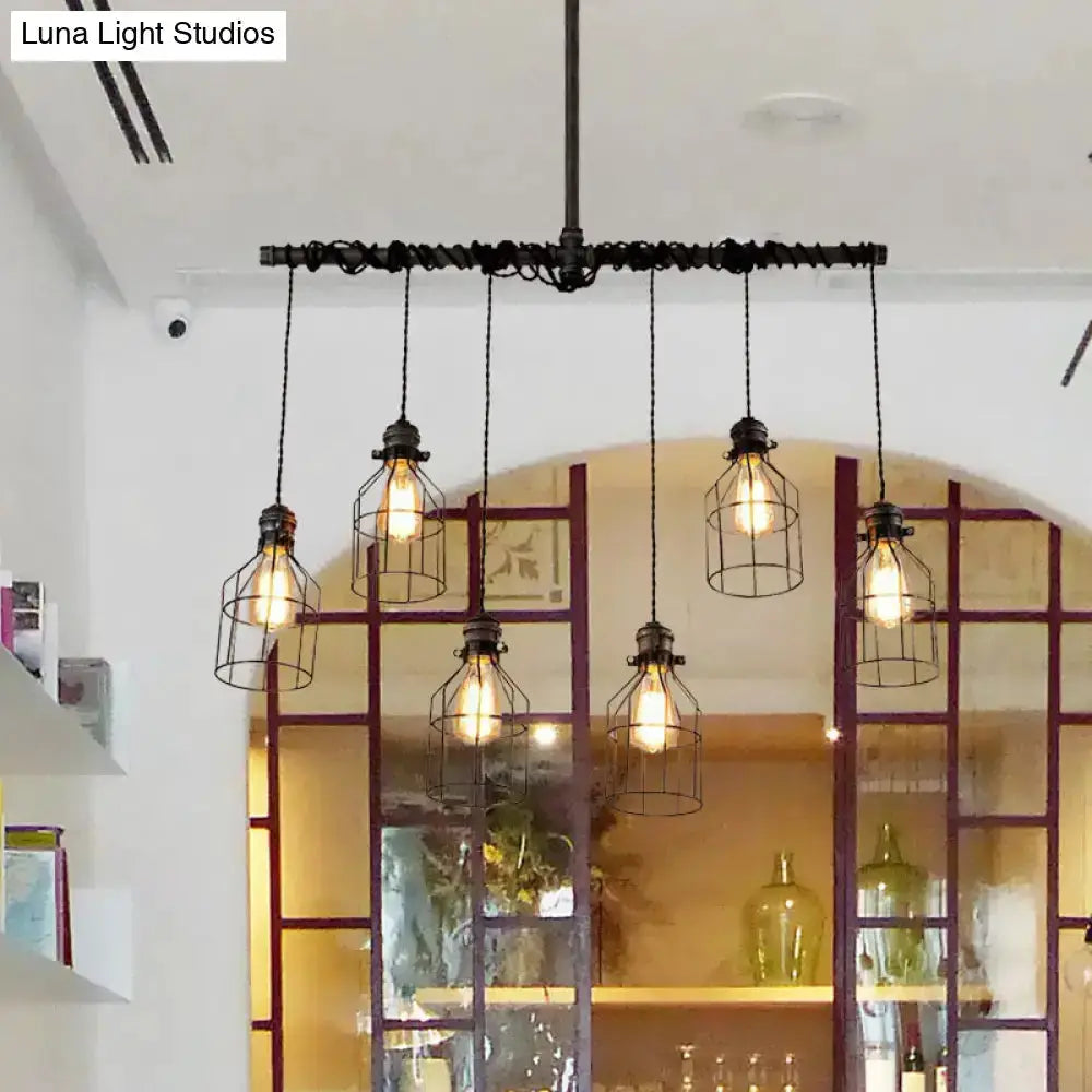 Industrial cage aged silver chandelier dining room pendant light with six cage pendants on Tampa Home & Garden Store