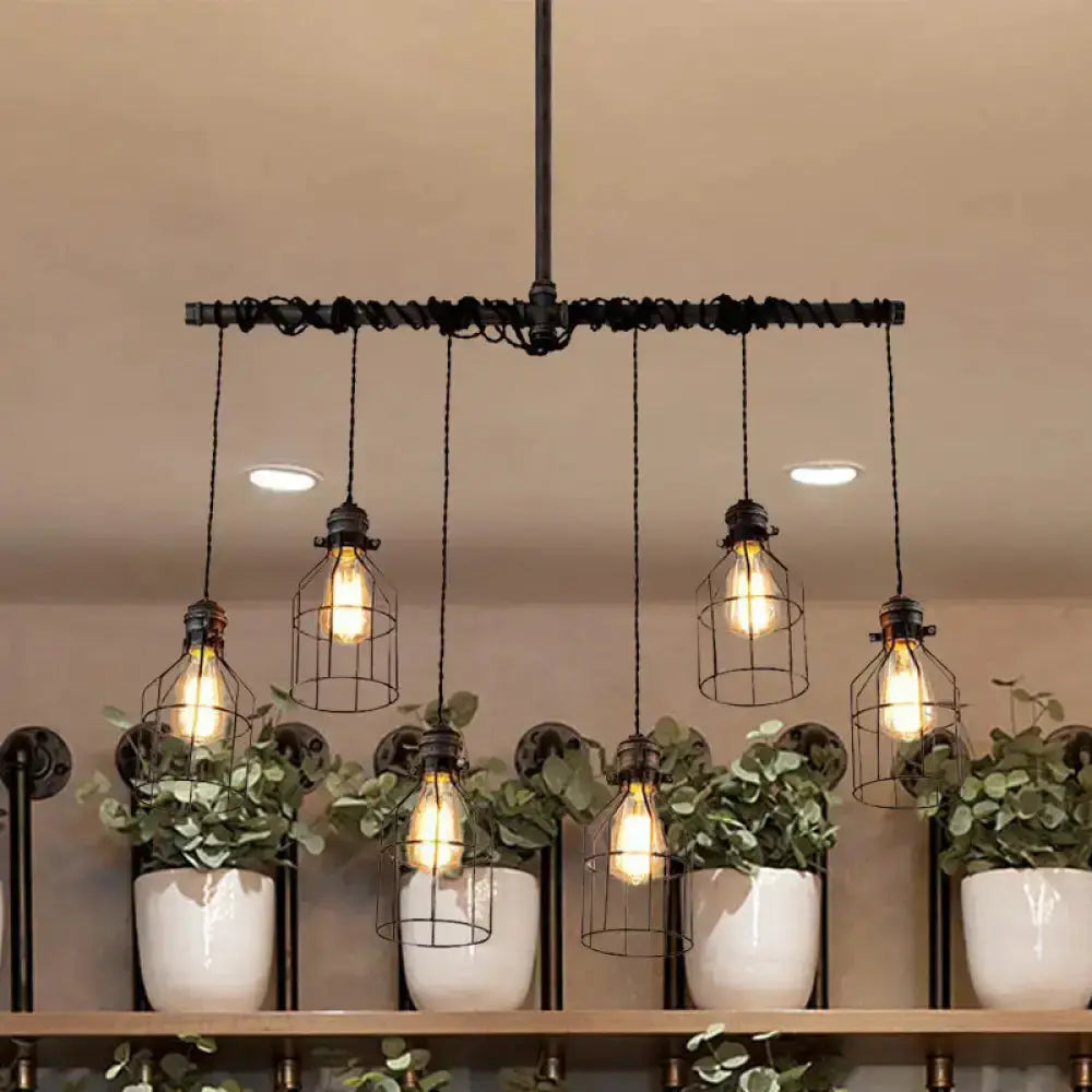 Decorbites industrial cage silver dining room pendant light with six exposed bulbs on Tampa Home & Garden Store