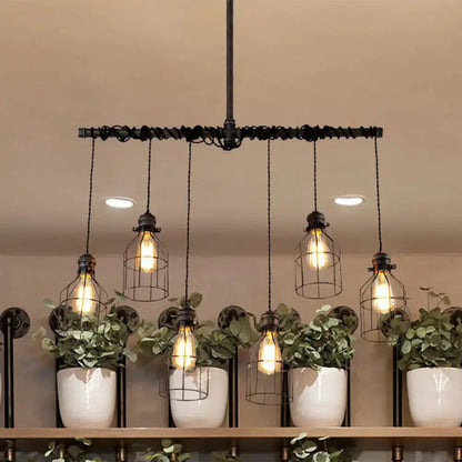 Decorbites industrial cage silver dining room pendant light with six exposed bulbs on Tampa Home & Garden Store