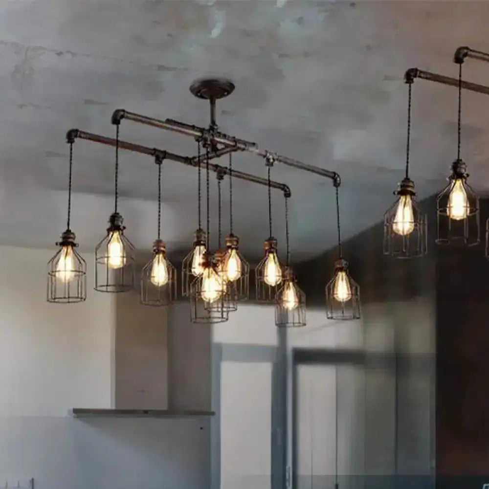 Industrial cage aged silver chandelier with multiple pendant lights on a metal pipe track on Tampa Home & Garden Store