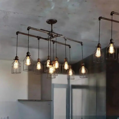 Industrial cage aged silver chandelier with multiple pendant lights on a metal pipe track on Tampa Home & Garden Store