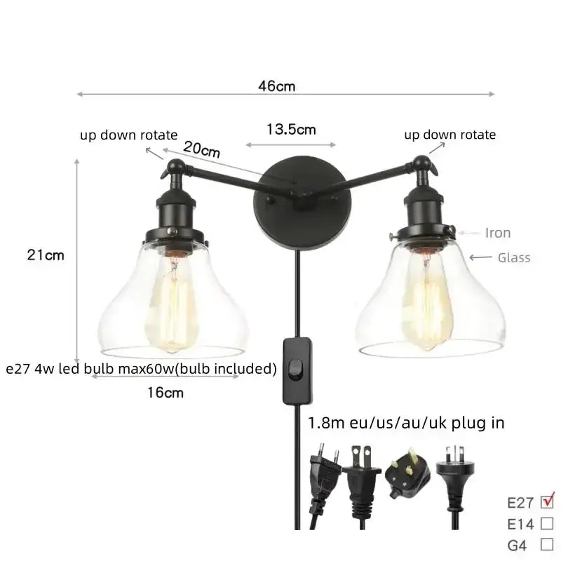 Industrial vintage black LED bathroom wall lamp with glass shades and dual arms Decorbites on Tampa Home & Garden Store