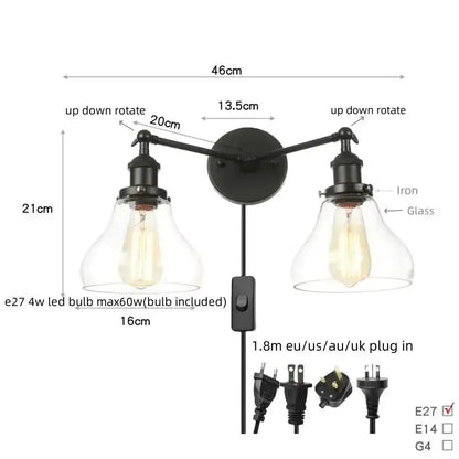 Industrial vintage black LED bathroom wall lamp with glass shades and dual arms Decorbites on Tampa Home & Garden Store