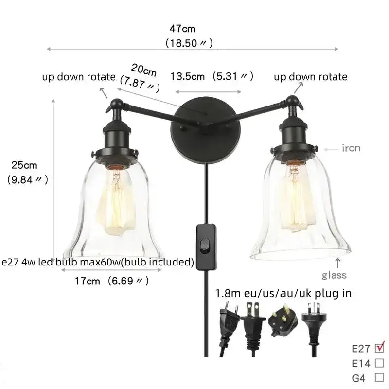 Decorbites industrial vintage black LED wall lamp with glass sconces and adjustable arms on Tampa Home & Garden Store