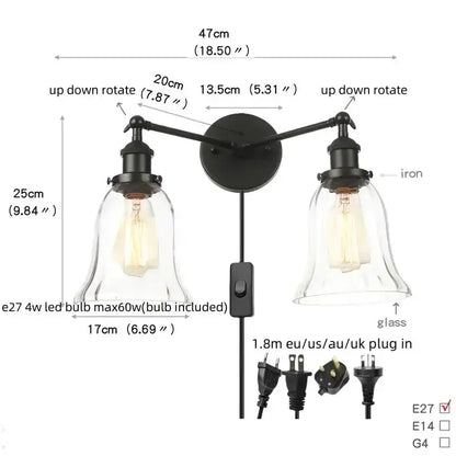 Decorbites industrial vintage black LED wall lamp with glass sconces and adjustable arms on Tampa Home & Garden Store