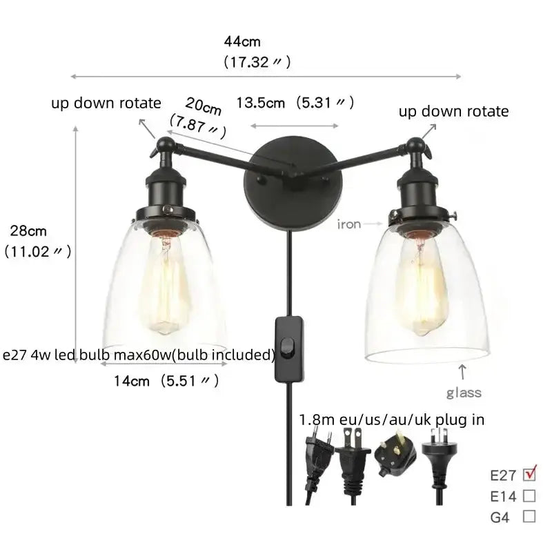 Industrial vintage black LED wall lamp with glass shades, two-arm bathroom sconce by Decorbites on Tampa Home & Garden Store