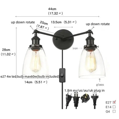 Industrial vintage black LED wall lamp with glass shades, two-arm bathroom sconce by Decorbites on Tampa Home & Garden Store