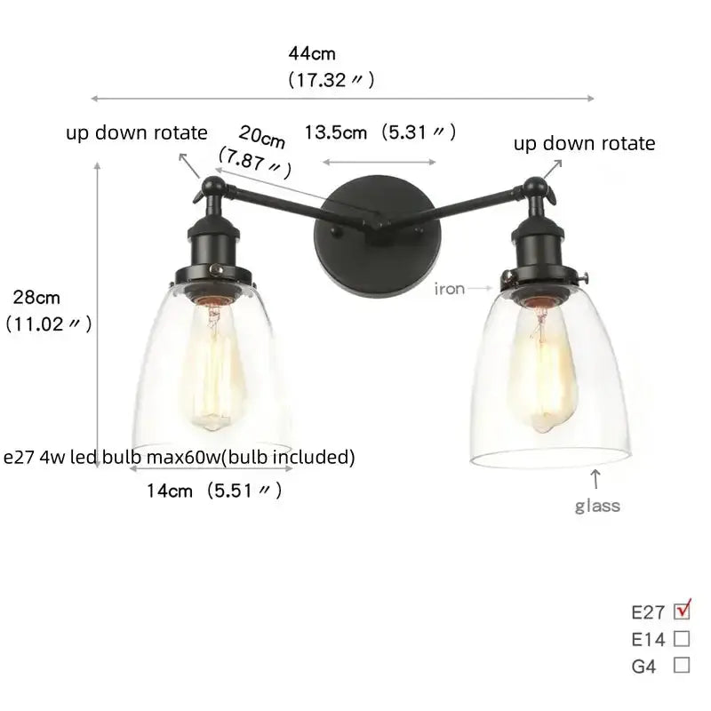 Industrial vintage black LED wall lamp by Decorbites with glass shade and adjustable arms on Tampa Home & Garden Store