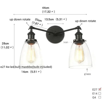 Industrial vintage black LED wall lamp by Decorbites with glass shade and adjustable arms on Tampa Home & Garden Store