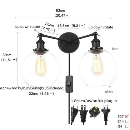 Industrial vintage black LED wall lamp bathroom glass sconce with twin glass globes on Tampa Home & Garden Store