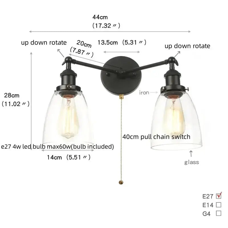 Industrial vintage black LED wall lamp bathroom glass sconce with dual shades Decorbites on Tampa Home & Garden Store
