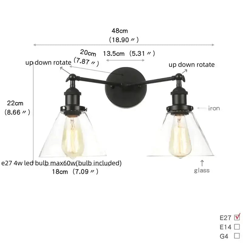 Industrial vintage black LED wall lamp with glass sconce shades, dual arms Decorbites on Tampa Home & Garden Store