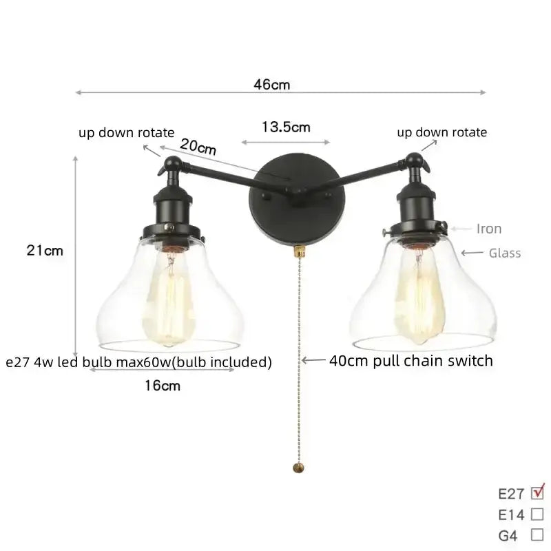 Decorbites industrial vintage black LED wall lamp with dual glass shades and metal arms on Tampa Home & Garden Store