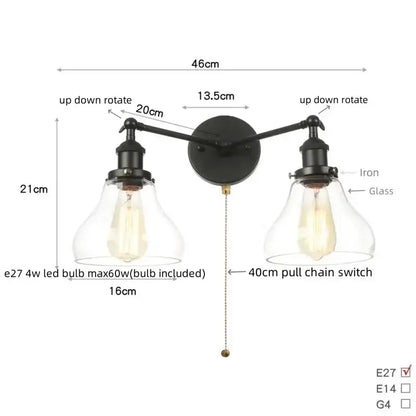 Decorbites industrial vintage black LED wall lamp with dual glass shades and metal arms on Tampa Home & Garden Store
