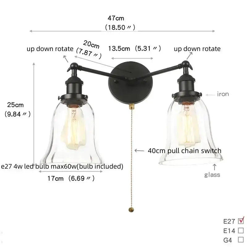 Decorbites industrial vintage black LED wall lamp with twin glass bell shades, pull-chain switch on Tampa Home & Garden Store