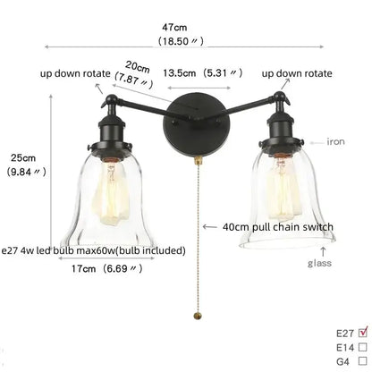 Decorbites industrial vintage black LED wall lamp with twin glass bell shades, pull-chain switch on Tampa Home & Garden Store