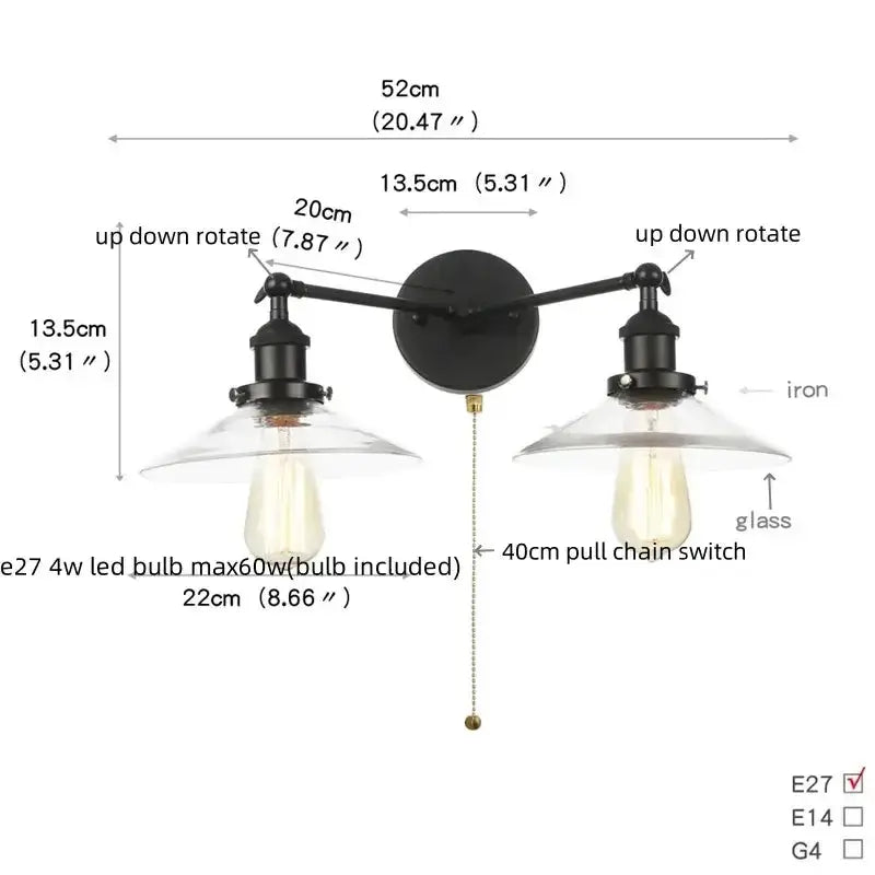 Industrial vintage black LED wall lamp double-arm bathroom glass sconce Decorbites on Tampa Home & Garden Store
