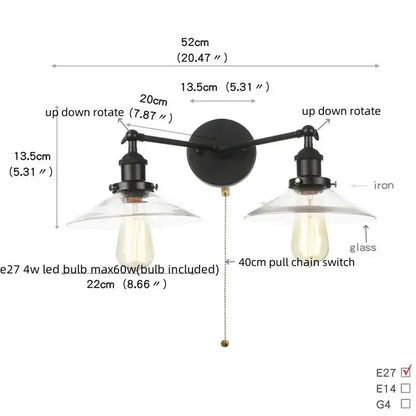 Industrial vintage black LED wall lamp double-arm bathroom glass sconce Decorbites on Tampa Home & Garden Store