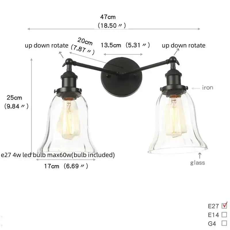 Industrial vintage black LED wall lamp pair with glass shades by Decorbites on Tampa Home & Garden Store