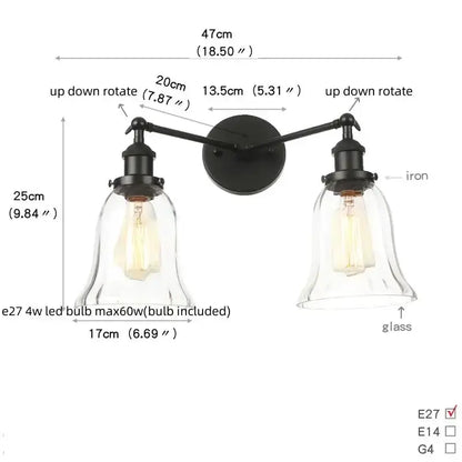 Industrial vintage black LED wall lamp pair with glass shades by Decorbites on Tampa Home & Garden Store