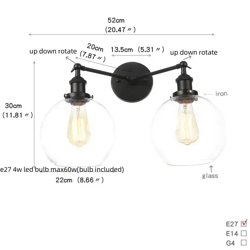 Industrial vintage black LED wall lamp with two glass globes by Decorbites on Tampa Home & Garden Store