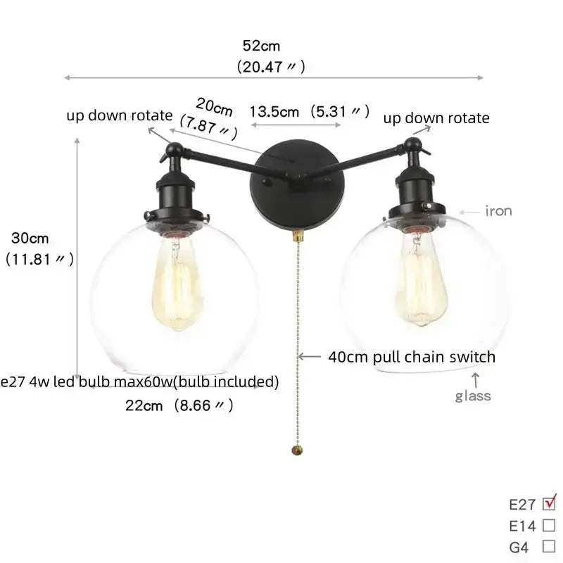 Industrial vintage black LED wall lamp by Decorbites with glass globes and pull chain on Tampa Home & Garden Store