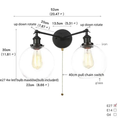 Industrial vintage black LED wall lamp by Decorbites with glass globes and pull chain on Tampa Home & Garden Store