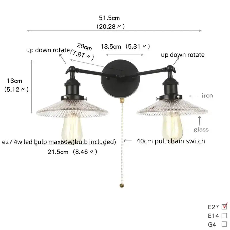 Industrial black LED wall lamp sconce by Decorbites with dual glass shades and pull chain on Tampa Home & Garden Store