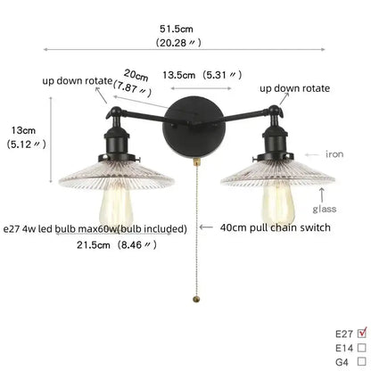 Industrial black LED wall lamp sconce by Decorbites with dual glass shades and pull chain on Tampa Home & Garden Store