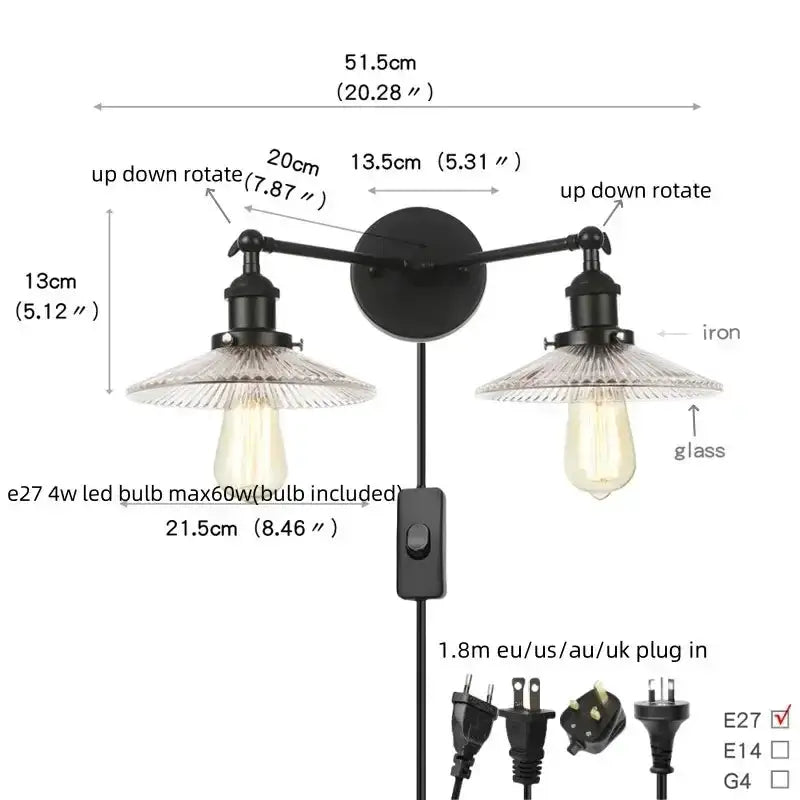 Industrial vintage black LED wall lamp with glass shades and adjustable arms Decorbites on Tampa Home & Garden Store