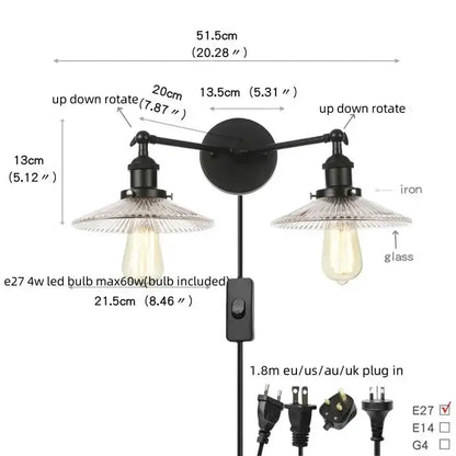 Industrial vintage black LED wall lamp with glass shades and adjustable arms Decorbites on Tampa Home & Garden Store