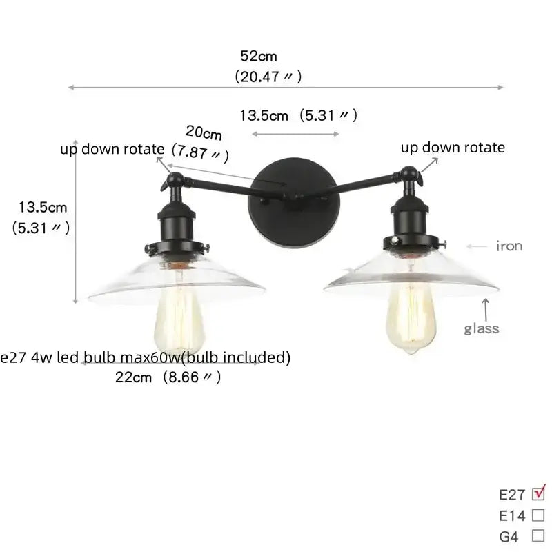 Industrial vintage black LED wall lamp two-light sconce with glass shades by Decorbites on Tampa Home & Garden Store
