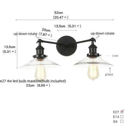 Industrial vintage black LED wall lamp two-light sconce with glass shades by Decorbites on Tampa Home & Garden Store