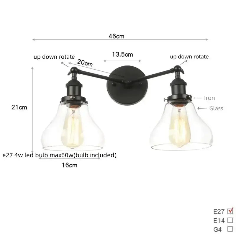 Industrial vintage black LED two-arm glass bathroom wall sconce by Decorbites on Tampa Home & Garden Store