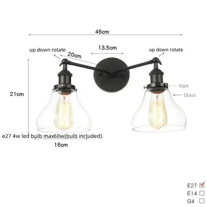 Industrial vintage black LED two-arm glass bathroom wall sconce by Decorbites on Tampa Home & Garden Store