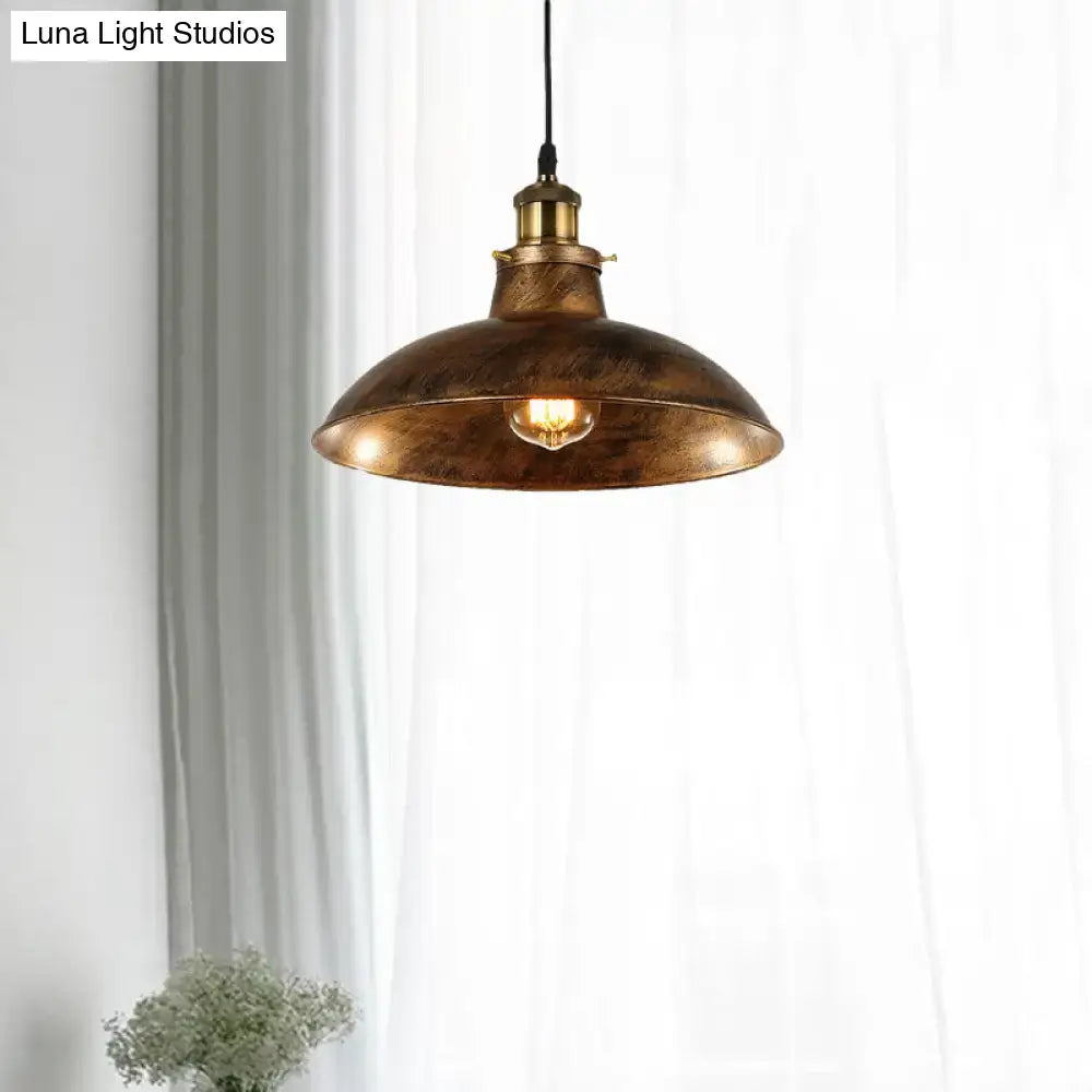 Wrought Iron Dome Industrial Ceiling Fixture Pendant Lighting - 12"/14" Diameter, 1 Light - Weathered Brass/Black