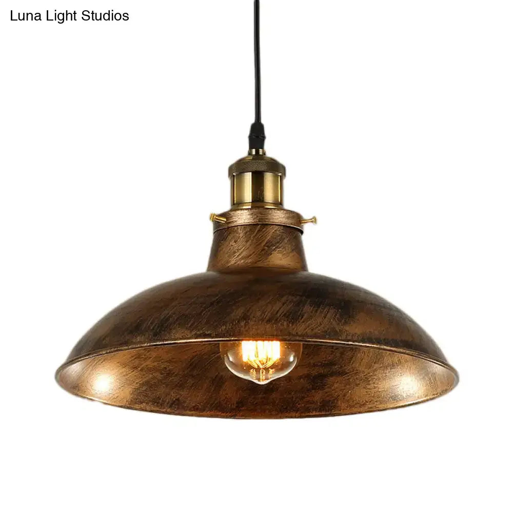 Wrought Iron Dome Industrial Ceiling Fixture Pendant Lighting - 12"/14" Diameter, 1 Light - Weathered Brass/Black
